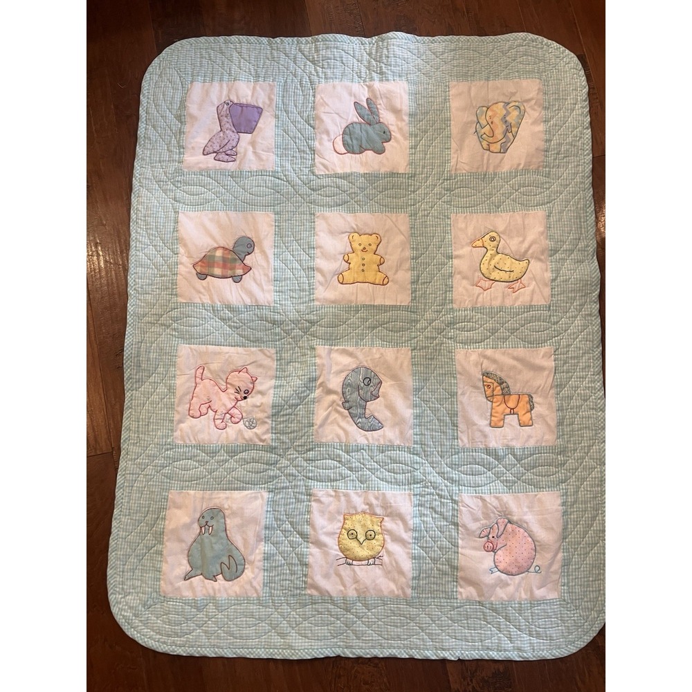 Vintage Handmade Baby Crib Quilt Crib Blanket Multicolor Animals 55x42"